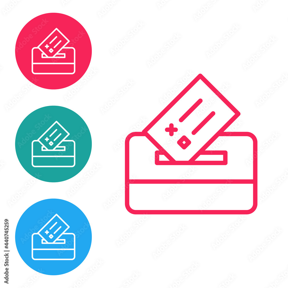 Poster red line vote box or ballot box with envelope icon isolated on white background. set icons in circle