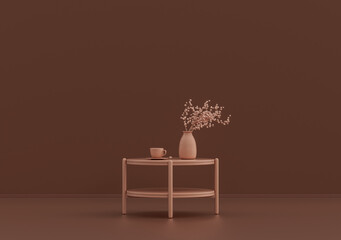 Single coffee table with ornamental plants and vases in rosy brown room, monochrome single color, 3d Rendering