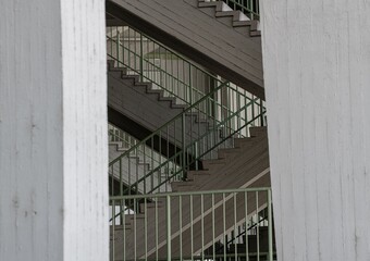 outdoor metal and concrete staircase on a stadium building in detailed close up