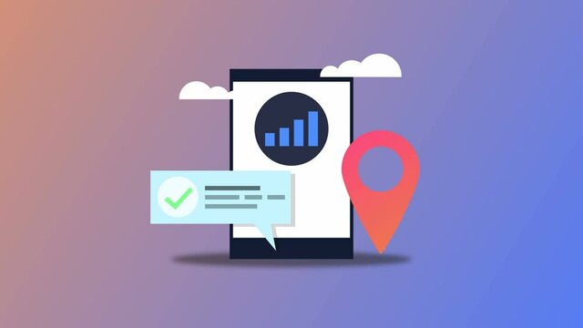 Animated SEO optimization on phone. Local confirmed act with graphs conceptual 2d video clip. 