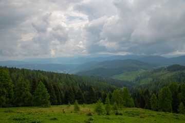 Fototapeta na wymiar alpine landscape at the countryside of the Austrian region Carinthia on a cloudy day