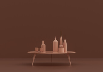 Single coffee table with ornamental plants and vases in rosy brown room, monochrome single color, 3d Rendering