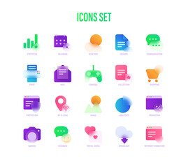 Icons set in glassmorphism style. Statistics, Calendar, Weather, Camera, Feedback, Social Media, Download, Internet Marketing, Wi-Fi Zone. Vector illustration.