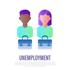 Unempoyment: depressed woman and man with briefcases. Gradient icon. Job seeker. Economic crisis. Vector illustration.