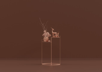 Single coffee table with ornamental plants and vases in rosy brown room, monochrome single color, 3d Rendering