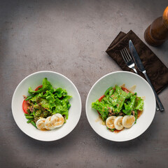 healthy breakfast tuna and egg salad. Healthy diet food. Greek cuisine. Top view
