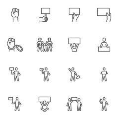 Demonstration, protest related line icons set