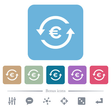 Euro pay back flat icons on color rounded square backgrounds