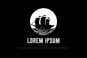 Retro Rustic Viking Pirate Ship Boat with Moon Logo Design Vector