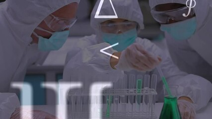 Mathematical symbols against group of health workers wearing face masks working at laboratory - Powered by Adobe