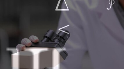 Mathematical symbols against male and female health workers using microscope at laboratory - Powered by Adobe