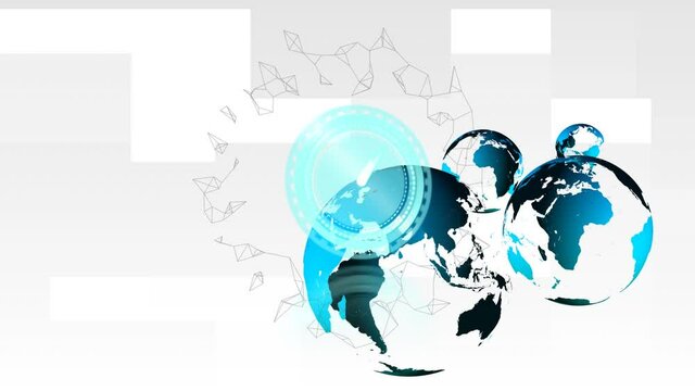 Digital animation of neon blue clock ticking against spinning globe on grey background