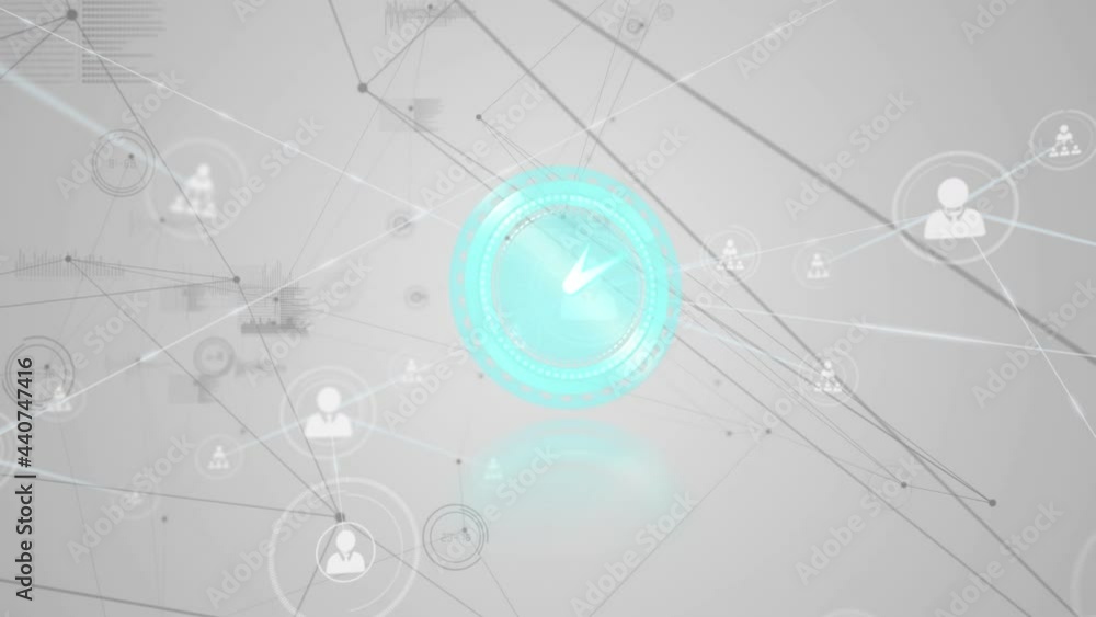 Poster digital animation of neon clock ticking over network of profile icons against grey background