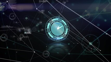 Neon clock ticking over network of connections and data processing on black background - Powered by Adobe