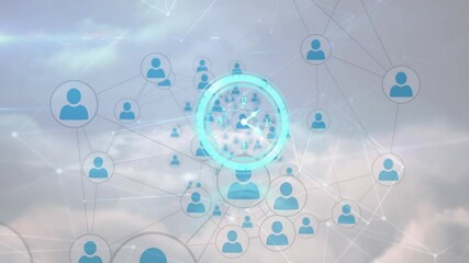 Neon clock ticking over network of profile icons against clouds in the sky - Powered by Adobe