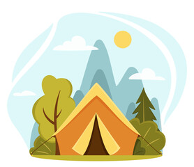 Summer camp concept. Camping landscape. Sunny day landscape illustration in flat style with tent, mountains and forest. Banner or poster for summer camp, nature tourism, camping, hiking, trekking