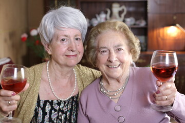 Fun senior women drinking wine