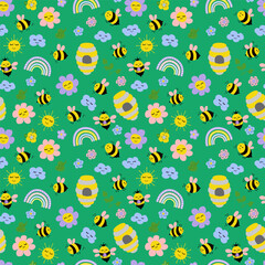 Seamless pattern with cute hand drawn bees, bee, flowers. Design for fabric, textile, wallpaper, packaging, for children.