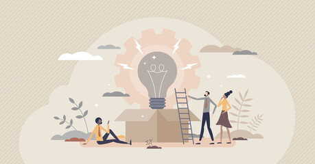 New product development scene and innovation improvement tiny person concept. Marketing and idea launch management and invention optimization vector illustration. Beginning of advertisement content.