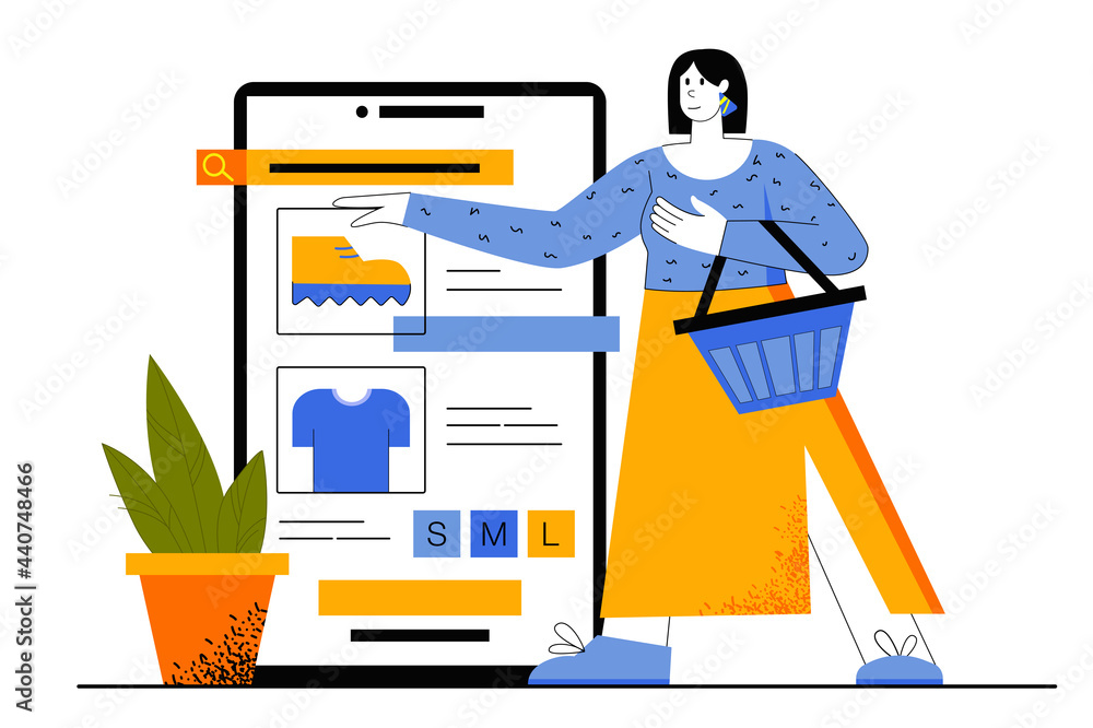 Poster mobile shopping web concept. buyer makes purchases on store website. woman chooses clothes and shoes