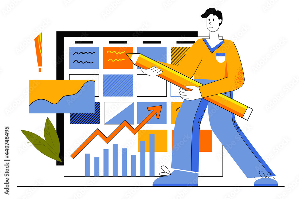 Aufkleber business schedule web concept. employee develops job plan and planning strategy. man completes work 
