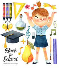 Welcome back to school, Cute watercolor school kid with school  elements over white.
