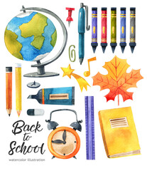 Watercolor school and education elements set. Cute cartoon style. 

