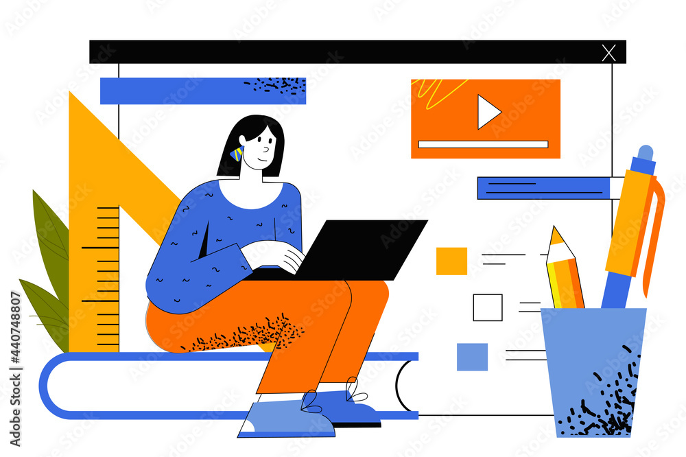 Poster distant learning web concept. student watches video lectures, studies remotely using laptop. woman l