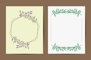 Wedding Invitation, floral invite card Design: Peach lavender pink garden Rose, succulent, wax, eucalyptus, green palm leaves, forest fern greenery geometric golden frame print. Vector cute copy space