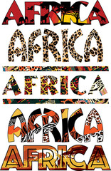 Africa word mark collection with wild animal skins traditional fabric and savannah landscape backgrounds