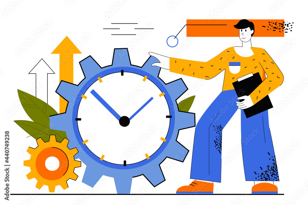 Poster time management web concept. business planning and successful development strategy. man organized wo