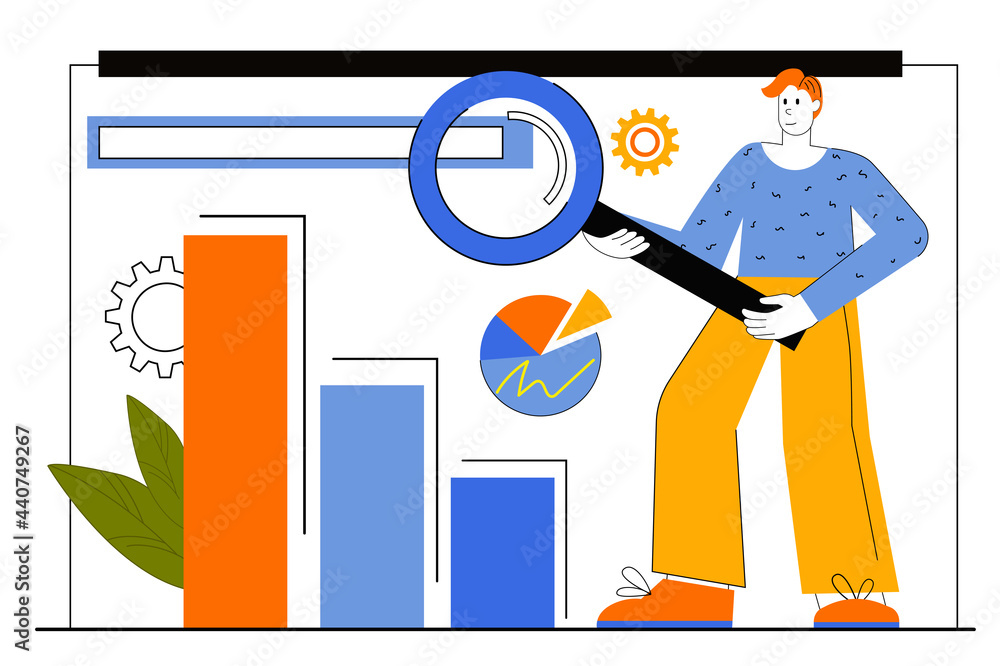 Aufkleber seo optimization web concept. man sets up work of search engines. strategy of website online promoti