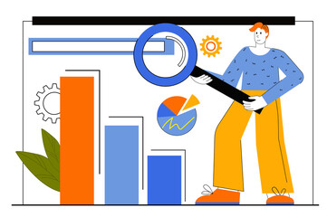 Seo optimization web concept. Man sets up work of search engines. Strategy of website online promotion, targeted traffic increase. Vector illustration for web page template in flat line design