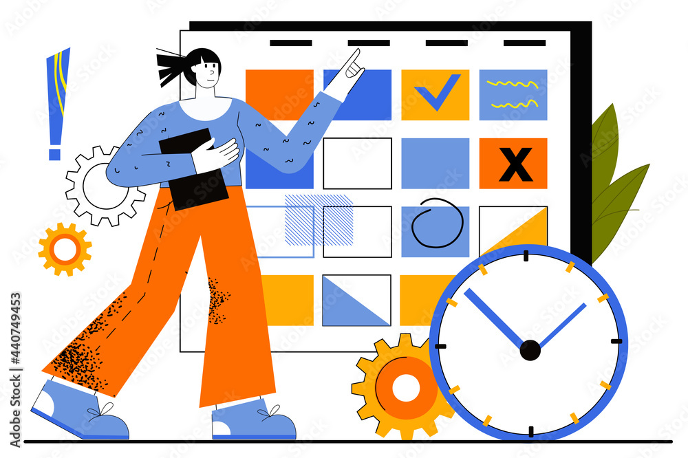 Aufkleber business planning web concept. employee develops job plan. woman completes work tasks and marks date