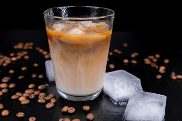 cold ice latte
 or coffee with milk on a dark black background