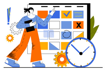 Business planning web concept. Employee develops job plan. Woman completes work tasks and marks dates on calendar. Time management. Vector illustration for web page template in flat line design
