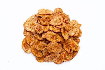 Banana chips on white background.