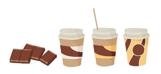 Chocolate coffee. Hot chocolate. Coffee to go. Paper cup with plastic lid. Logo. Outline vector illustration on a white background.