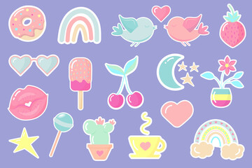 Cute and trendy patches. Vector sweet stickers on blue background.