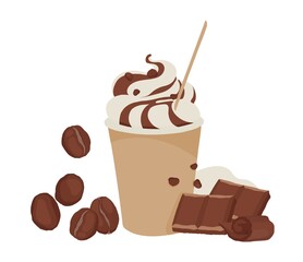 Hot chocolate. Chocolate cappuccino. Mocha. Macchiato. Milkshake, cocktail. Whipped foam. Chocolate topping.Paper cup. 