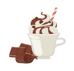 Hot chocolate. Chocolate cappuccino. Mocha. Macchiato. Milkshake, cocktail. Whipped foam. Chocolate topping. 
