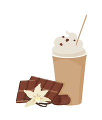 Chocolate cappuccino. Mocha. Macchiato. Milkshake, cocktail. Whipped foam. Chocolate topping.Paper cup. 