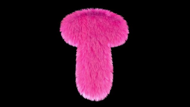Pink fur letter T, 3D animated font, fluffy texture, with alpha channel.