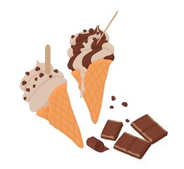 Chocolate soft ice cream in a waffle cone. For holiday, celebration, weekend menu, summer menu.