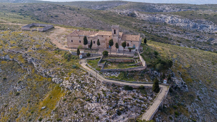 Aerial shot of Hermitage of el Santo Cristo in an ancient village of Bocairent, Valencia, Spain