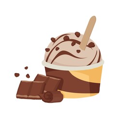 Chocolate Ice cream in a cup. A paper container. Outline vector illustration on a white background.