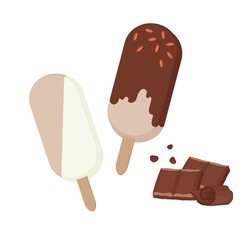 Chocolate ice cream rods, popsicle. For holiday, celebration, weekend menu, summer menu. Outline vector illustration on a white background.