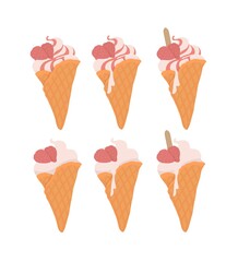 Strawberry soft ice cream in a waffle cone. Strawberry topping. For holiday, celebration, weekend menu, summer menu.