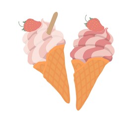 Strawberry soft ice cream in a waffle cone. For holiday, celebration, weekend menu, summer menu.