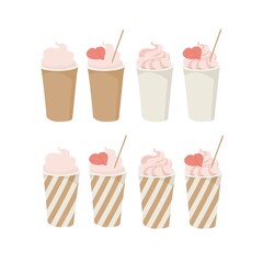 Strawberry milkshake. Ice cream, cocktail. Whipped foam. Strawberry topping. Paper cup. Outline vector illustration on a white background.